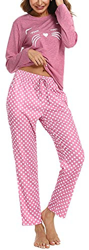 Uniexcosm Pyjamas dam lång pyjamas set bomull tvådelad hemdräkt nattkläder med katttryck och polka prick pyjamasbyxor loungewear fritidsoverall, Stil 1: rosa, L