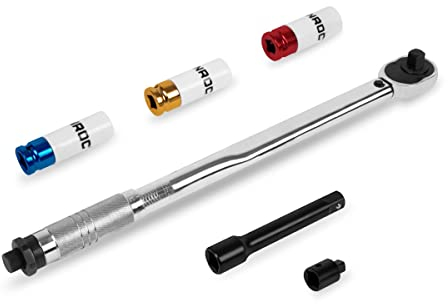 VONROC Clé Dynamométrique ½’’ – 470mm - 28-210Nm - Set de 3 Douilles 17mm / 19mm / 21mm - Clé Outillage Mécanique Serrage Précis Avec Adaptateur, 3 Douilles + Manchon Teflon et Rallonge Inclus