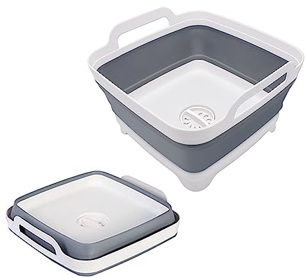 Goderewild Bacino pieghevole da 9 l con tappo di scarico, salvaspazio, multiuso, pieghevole, per esterni, padella, vassoio portaoggetti da cucina per campeggio, lavaggio verdure, camper (grigio)