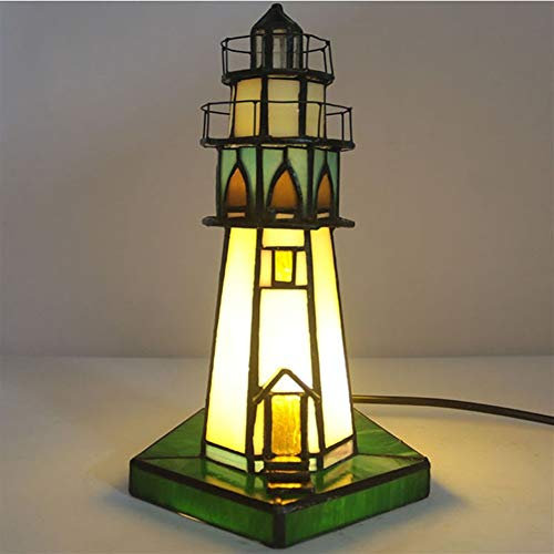 Lighthouse Desk Lamp Mosaic Tiffany Stained Glass Table Lamp Nostalgic Night Light Bedroom Bedside Lamp Living Room Decoration Lamp Gift (Color : A)
