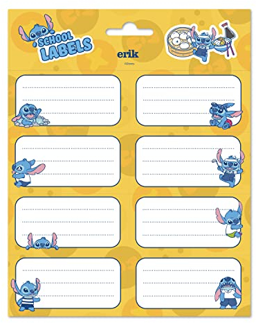Grupo Erik Aufkleber, Disney Stitch Etiketten mit einer Größe von 8x4 cm und Illustrationen mit den Hauptfiguren, Etiketten zum Beschriften, 16 Klebeetiketten Set