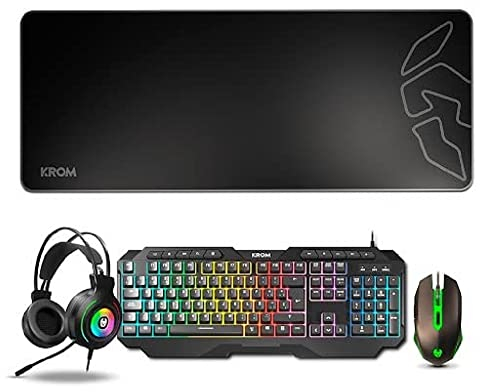 KROM Pack Gaming KARRIER - LED RGB Rainbow, tastiera a membrana, mouse ottico 3600 dpi, cuffie stereo da 50 mm, tappetino in gomma antiscivolo, layout spagnolo, colore nero