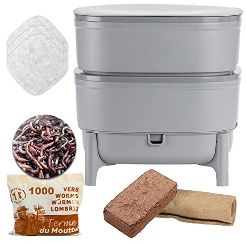 Moutta I WORMcube Gris Design & Compact I Lombricomposteur 2 Plateaux I 500gr de vers de Compost I Kit Complet I Filtre Anti-Noyade des vers