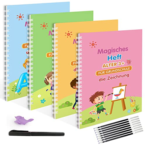 Larcenciel Deutsche Magisches Heft, 4 Große Magische Übungshefte + 1 Magischer Stift + 7 Nachfüllungen + 1 Schreibhilfe (Magisches Heft)