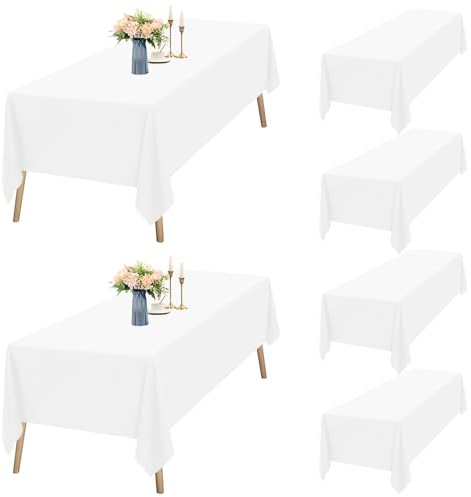 6er-Set Weiße Tischdecken Rechteck 153 x 260 cm, wasserdichte Polyester Weiße Tischdecken für 6ft Tisch, Waschbar Rechteckige Tischdecke für Party Hochzeit Buffet Camping Restaurant(60x102in)