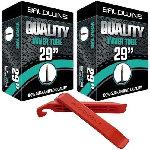 Baldwins Lot de 2 chambres à air de vélo 29 x 2,20 à 2,40 (compatible avec tous les pneus 2,20, 2,25, 2,30, 2,35, 2,40) Presta/français et leviers de pneu Baldy's