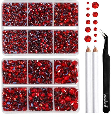 Beadsland Hotfix Strasssteine Set,Helles Rot,6 Größen gemischt,6080 Stk | Rote Strasssteine für Textilien,SS6-SS30,Glasmaterial,für Kleidung,Kunsthandwerk,mit Wachsstift und Pinzette