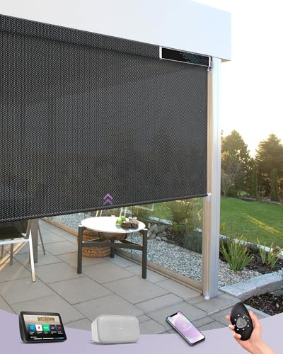 Graywind Customized Smart Outdoor Blinds Compatible Alexa Google, Waterproof Motorised Outdoor Shades with Remote, Exterior Window Solar Powered Outside Electric Blinds for Patio, 1% Black