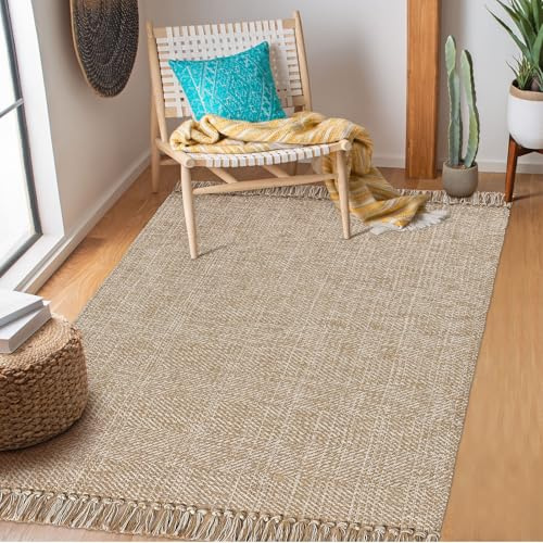 BUAGETUP Waschbarer Teppich, 90 x 150 cm, hellbraun, cremefarben, wendbar, für Schlafzimmer, Wohnzimmer, Baumwolle, gewebt, Bauernhaus, Waschküche