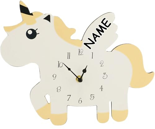 alles-meine.de GmbH Wanduhr Einhorn - Holz wählbar - inkl. Name - 31 cm groß - schleichendes Uhrwerk ! - sehr leise ! - Uhr - Analog - Kinder Baby - Kinderz..