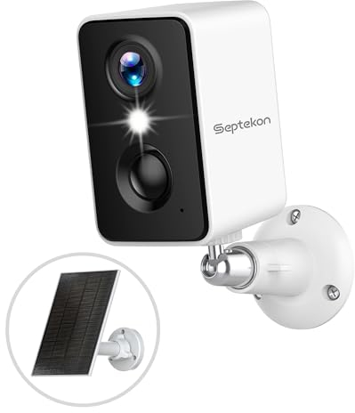 Septekon 2K Security Camera Outdoor Wireless,Flood Light WiFi Battery Camera with Solar Panel,PIR Human Detection with 3MP Color Night Vision, 2-Way Talk, IP66 Waterproof-White