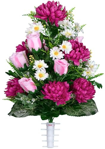 Sympathy Silks Flowers for Cemeteries - 23 Pink Rose and Beauty Pink Mum