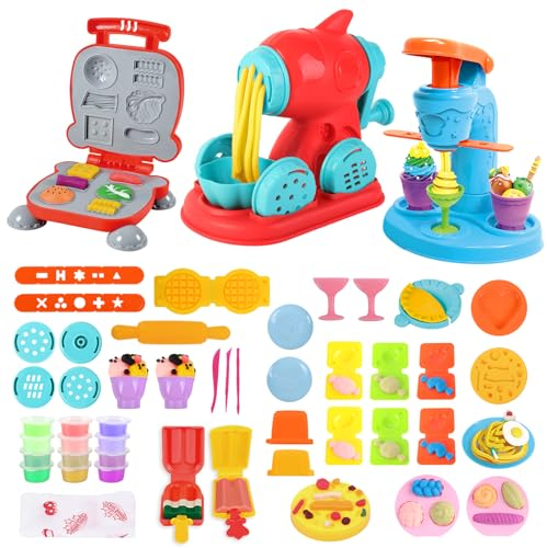 deAO 52 Stück Knete Set Knetwerkzeug für Kinder, Knete Zubehör mit 12 Dosen Kneten, Kinderknete Kitchen Creations Eismaschine Nudelmaschine Burgermaschine, Lernspielzeug Geschenk Mädchen Junge