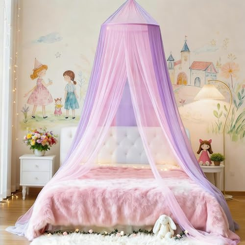 Eimilaly Ciel de lit Bicolore moustiquaire Rose Violet, Ciel de lit pour Fille décoration de Chambre - moustiquaire baldaquin Suspendu pour Adulte, bébé, Porte Unique