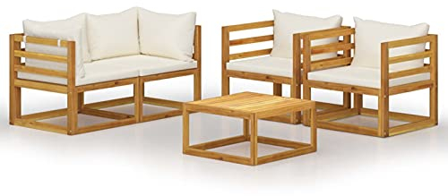 IKAYAA Gartenlounge Holz Balkon Lounge Holz Loungemöbel Holz Balkonmöbel Holz Sitzlounge Garten Holz Gartensofa Holz Sofa Massivholz Akazie-Creme-5-tlg