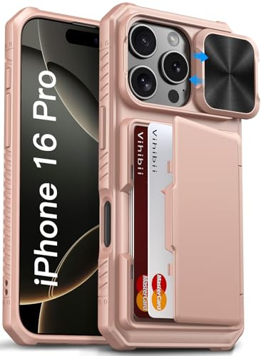 Vihibii for iPhone 16 Pro Case with Card Holder (4 Cards), Rose Gold | [RFID Blocking] & Slide Camera Cover, Rugged Hard Back & Silicone Edge, Wallet Phone Case for iPhone 16 Pro 6.3 2024