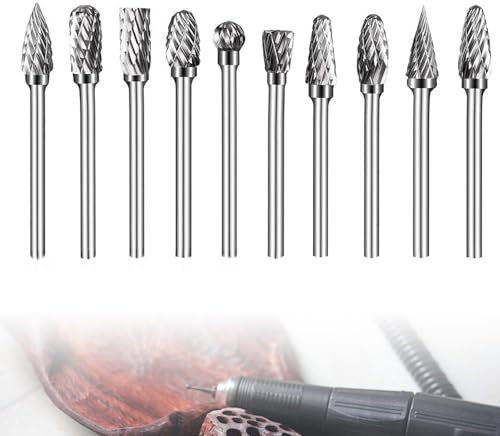 10Pcs Tungsten Carbide Steel Double Cut Rotary Burrs Set, Carbide Die Grinder Bits Compatible with Dremel Rotary Tool Accessories for Wood Metal Grinding Polishing Engraving Drilling Carving