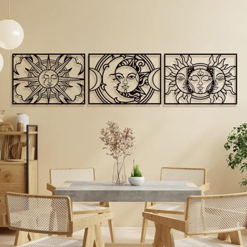 LLSZAHD 3 PCS Einfach Und Modern Wanddeko, Abstrakte Metall Deko Sonne Und Mond, 3D Metallbild Für Zuhause Büro Schlafzimmer Wohnzimmer Und Küche, 43x30cm, Schwarz