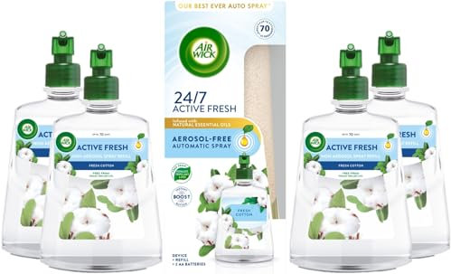 Air Wick Aerosol-Free Automatic Air Freshener Spray Kit + 4 Refills, Fresh Cotton, 228ml, 24x7 Active Fresh Odour Neutraliser, Air freshener For Home