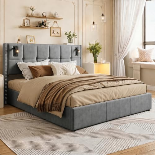 BLSYHDH Bett mit Stauraum, 160 x 200 cm, mit Lattenrost, gepolstertes Bett, hydraulisch, Holzbett mit Leseleuchte, Truhe mit Kopfteil und Lattenrost, Doppelbett mit Stauraum (Grau, A, 160 x 200 cm)