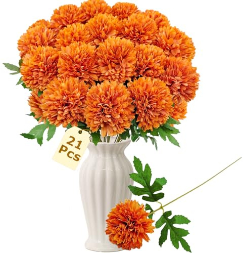 YILIUFA 21Pcs Artificial Chrysanthemum Ball Flowers Fake Mums Silk Pom Pom Floral Arrangements with Long Stems for DIY Autumn Wedding Bouquet Home Kitchen Table Centerpiece Decor (Orange)