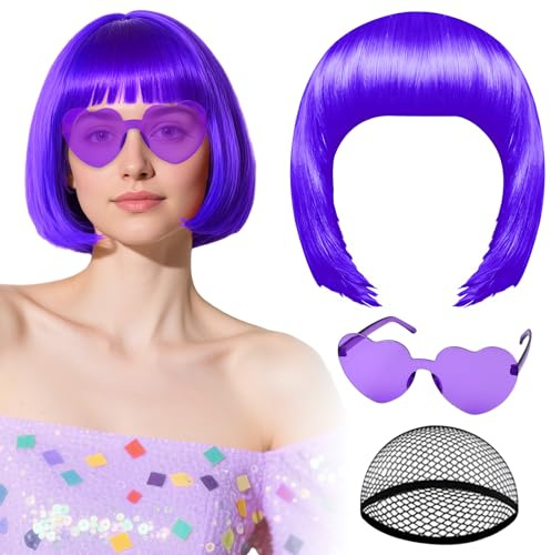 Peluca morada oscura con gafas de sol con forma de corazón y gorro para mujer Pelucas PLULON de corte bob corto sintéticas de colores divertidos para disfraz de despedida de soltera o Halloween