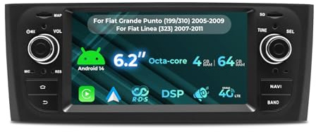 NVGOTEV 6.2 pollici Autoradio per Fiat Grande Punto 2005-2009, per Fiat Linea 2007-2011, Android 14.0 Radio 4+64GB Wireless Carplay/Android Auto Bluetooth WiFi 4G GPS FM AM RDS DSP SWC