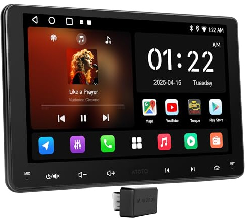 ATOTOEXCEL 9 Android Radi 2 DIN con CarPlay&Android Auto Inalámbrico, Escáner Bluetooth OBD2, Pantalla de Coche Táctil con GPS Navi, Wi-Fi/BT/USB, FM/Am/RDS, DSP/LRV, 2G+32G