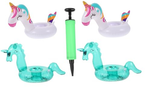 ZUNOXAZ Portavasos Flotante Inflable de PVC para Fiestas y Piscina, 5 Piezas con Inflador, Diseño Unicornio y Arcoíris, Accesorio Divertido para Adultos y Niños en Eventos Acuáticos