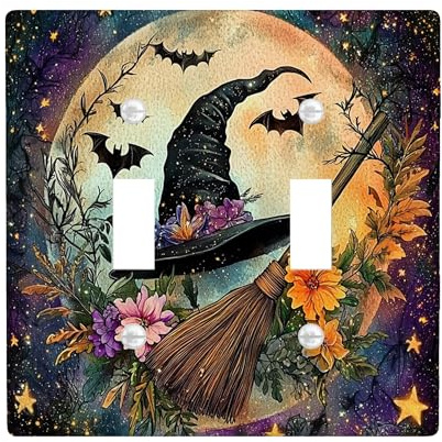 Halloween Witch Magic Broom Decorative Light Switch Cover Wall Plate 2 Gang Double Toggle, Psychedelic Fantasy Witchy Hat Electrical Faceplate for Room, Fun Cool Switchcover Switchplate