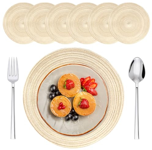 Set di 6 Tovagliette Rotonde,Tovagliette Lavabili Rotonde,Sottopiatti Rotondi,Ovagliette Intrecciate Resistenti al Calore,Resistente Alle Macchie,per Matrimonio Natale Partito Cucina(30cm,Beige)