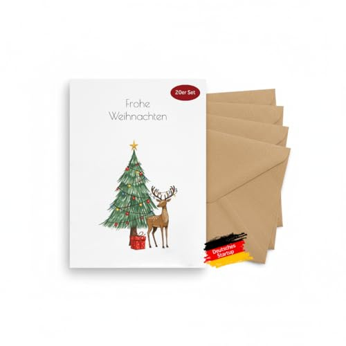 Weihnachtskarte DIN A6 Klappkarte mit Umschlag – Weihnachts Design mit Tannenbaum & Rentier – Edle Weihnachtsgrußkarte für Familie, Freunde & Geschäftspartner