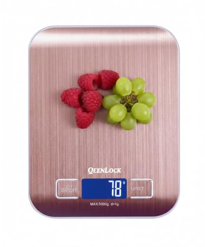 QEENLOCK Balance de Cuisine,Balance Alimentaire,Électronique de Haute Précision 5000g/1g avec Écran LCD Rétroéclairé, 6 Unités et Fonction Tare Acier Inoxydable, Smart Digital