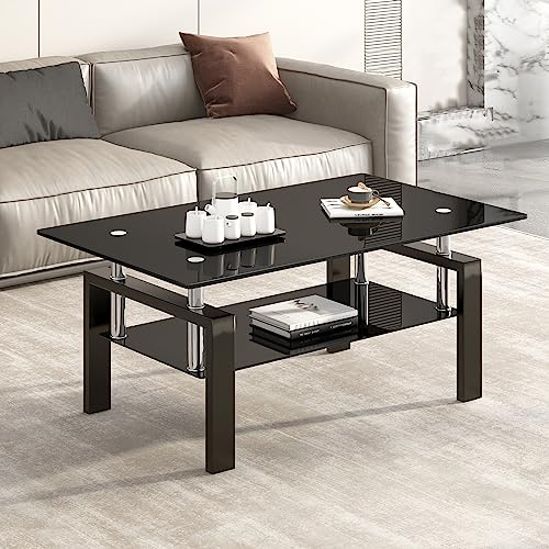 FENGHUA GLASS HOME Couchtisch aus Gehärtetem Glas mit Metallbeinen, Moderner Kleiner Couchtisch für Wohnzimmer, 100 x 60 x 45 cm, Schwarz