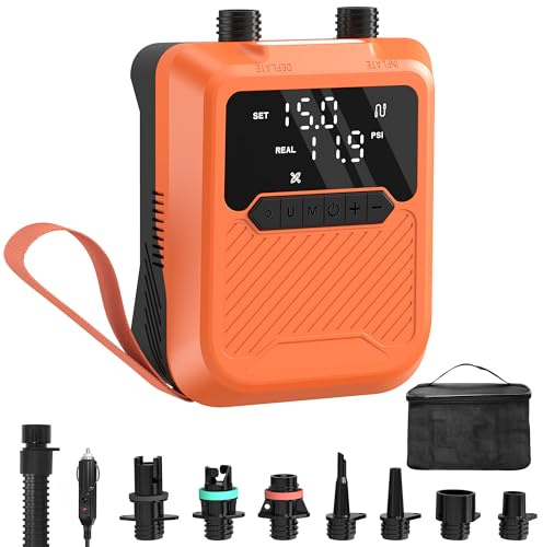 Coanto Electric SUP Pump 20PSI, 12V Car Powered Paddle Board Pump with Auto Shut Off, Dual-Stage Inflation, LED Display, Air Pump with 7 Nozzles for SUP, Kayak, Tent, Air Mattress