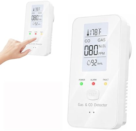 4-in-1 Natural Gas Detector, Combustible Gas Leak Monitor with HD LCD Screen, CO LEL Temp & Humidity Sensor, Plug-and-Play Explosive Gas Alarm for Home Kitchen Garage Basement RV and Camper (White)