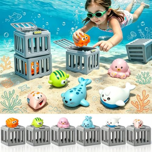 12PCS Swimming Pool Diving Toys, Underwater Dive Rescue Game with 6 Ocean Animals & 6 Cages, Search & Find Pool Toys for Kids, Summer Water Play Diving Training Swim Toys Gifts for Boys Girls