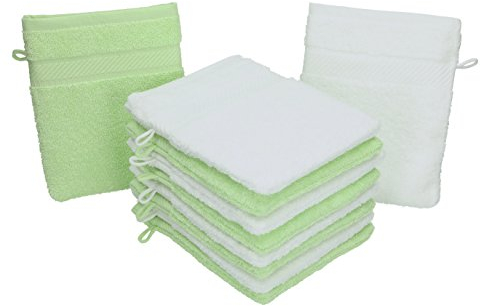 Betz Paquete de 10 Piezas de Manoplas de baño Palermo 100% algodón Juego de Guantes para lavarse tamaño 16x21 cm de Color Blanco y Verde