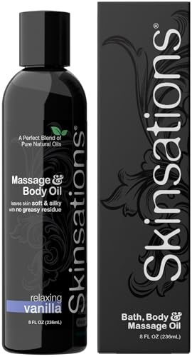 Skinsations – Vanilla Massage Oil for Couples – Relaxing Aromatherapy Body Oil for Massage Therapy – Sweet Almond, Coconut, Jojoba & Grapeseed Blend