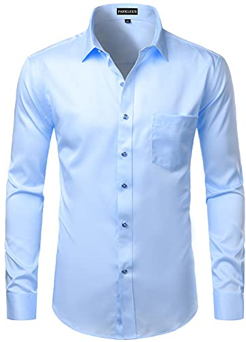 PARKLEES Men's Slim Fit Formal Long Sleeve Casual Business Party Dress Shirts with Chest Pocket Blue L