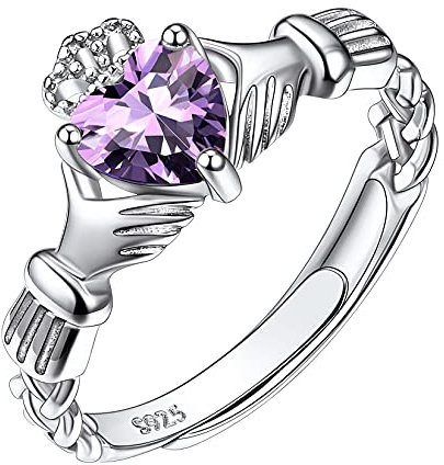 Suplight Bague Femme Fille Argent S925 Anneau de Pierre Noeud Celtique Claddagh Irlandais de Zircon de 6 mm de Large février améthyste