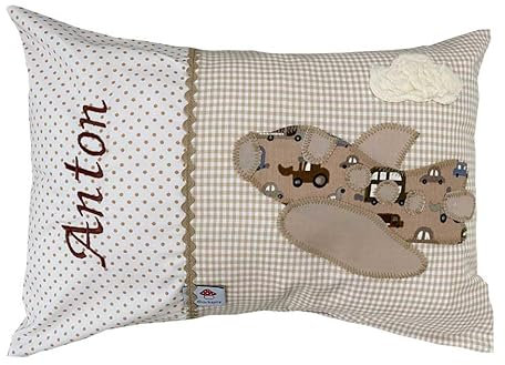 Glückspilz Namenskissen Babykissen I Flugzeug I Dekokissen Kind mit Namen Bestickt personalisiert I Beige Braun I 30x 45 cm