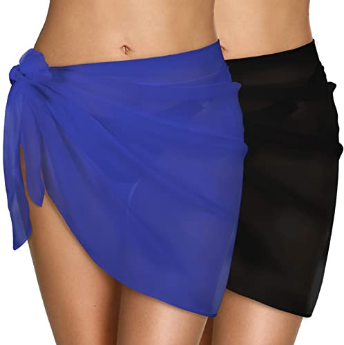 CMTOP Pareo Playa para Mujer Traje de Baño Chal de Gasa Vestido Envolvente Corto Falda Pareo Bikini Cubierta Sarong para Playa Piscina Vacaciones(Negro+Azul Marino,Talla única)