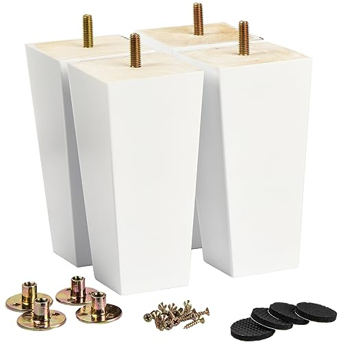 La Vane 4 Stück Möbelfüße aus Massivholz - 15cm Höhe, Weiß, Pyramidenform mit M8 Gewindebolzen & Montageplatten - Ersatzbeine für Sofa, Bett, Schrank, Couch (Holzfüße, einfach montierbar)