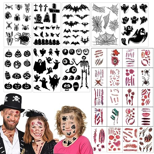 Leonshco 8 Blatt Halloween Tattoos Kinder Tattoos, 20 Blatt Narben-Temporäre Tattoos,3D-Realistische Wasserdichte Klebetattoos, Gruselige Blutige Tatoo für Maskerade,Gothic Make Up, Horror-Party