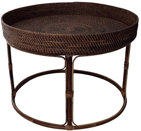 GURU SHOP Flätad runt soffbord, sidobord, soffbord av rattan – brun, rotting, storlek: D 50 cm H 27 cm, 27 x 50 x 50 cm, soffbord och golvbord
