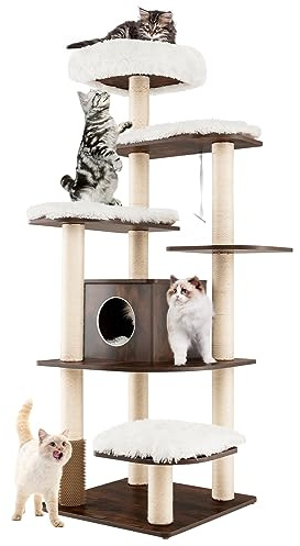 COSTWAY Arbre a Chat XXL en Bois 175 cm, 4 Poteaux à Griffer en Sisal, 7 Plateformes, Condo, Brosse d'Toilettage, Arbre a Chat Maine Coon, Peluche Lavable, pour 4-6 Chats, 60 x 60 x 175 cm, Brun