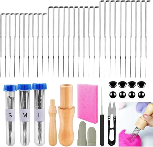 VEPEPE 67 Piezas De Agujas De Fieltro Set Con 3 Tamaños, Incluye Almohadilla Espuma, Mango Madera, Leznas, Tijeras, Piezas Los Dedos, Ojos La Muñeca