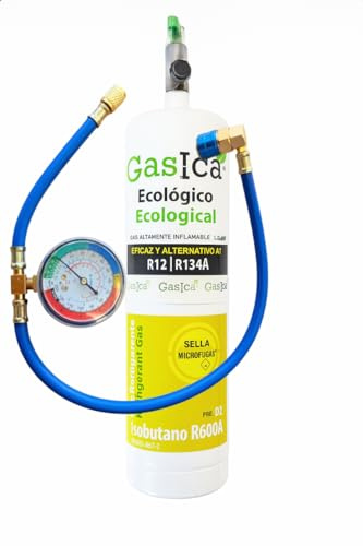 Gas Refrigerante Ecológico Orgánico gasica D2 Pro, Compatible con R134A y R12 para Carga A/C Automotriz y Doméstica. Envase de 400g (Equivalente a 900gr), Válvula y Manómetro Incluidos