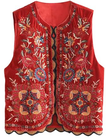 Alaurbeauty Gilet da donna Y2k Floreale Ricamato Top Vintage Open Front Boho Cardigan Gilet Casual Senza Maniche Cropped Gilet Capispalla, Colore: rosso, L